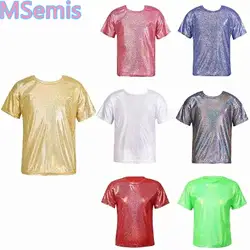 Kids Girls Boys Jazz Dance Tops Metallic Shiny Dancing Clothes Hip-hop Sequins Loose Short-sleeved T-shirt Street Dance Clothes
