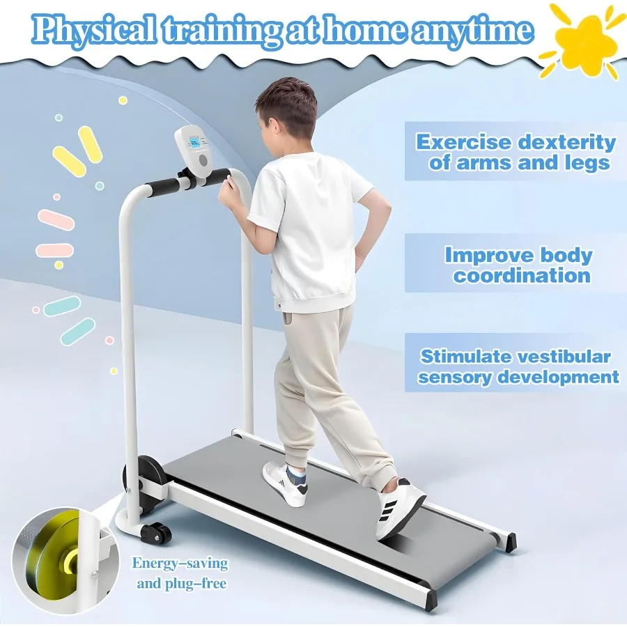 Indoor Play Gym Foldable Treadmill, Self-Propelled Plastic Treadmill in Blue, Compact Exercise Equipment for Ages 3-15 with LCD