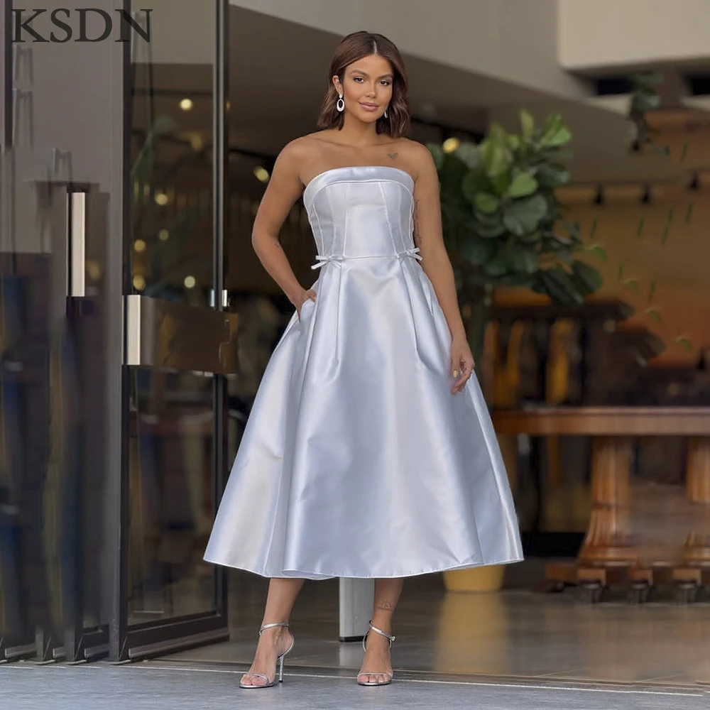 

KSDN Strapless A-Line Evening Dresses for Formal Occasion Elegant Tea-Length Draped Special Occaion Birthday Party Dress