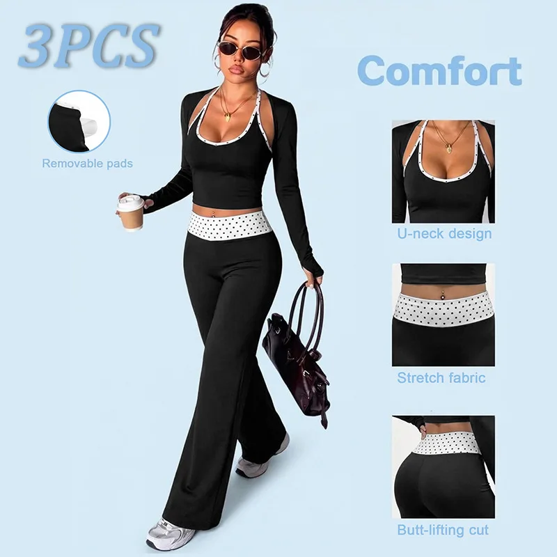 2026 New Style Long-Sleeved Yoga Set for Ladies Polka Dot And Striped Workout Sets Gym Outfits High Waist Butt Lift Yoga Clothes