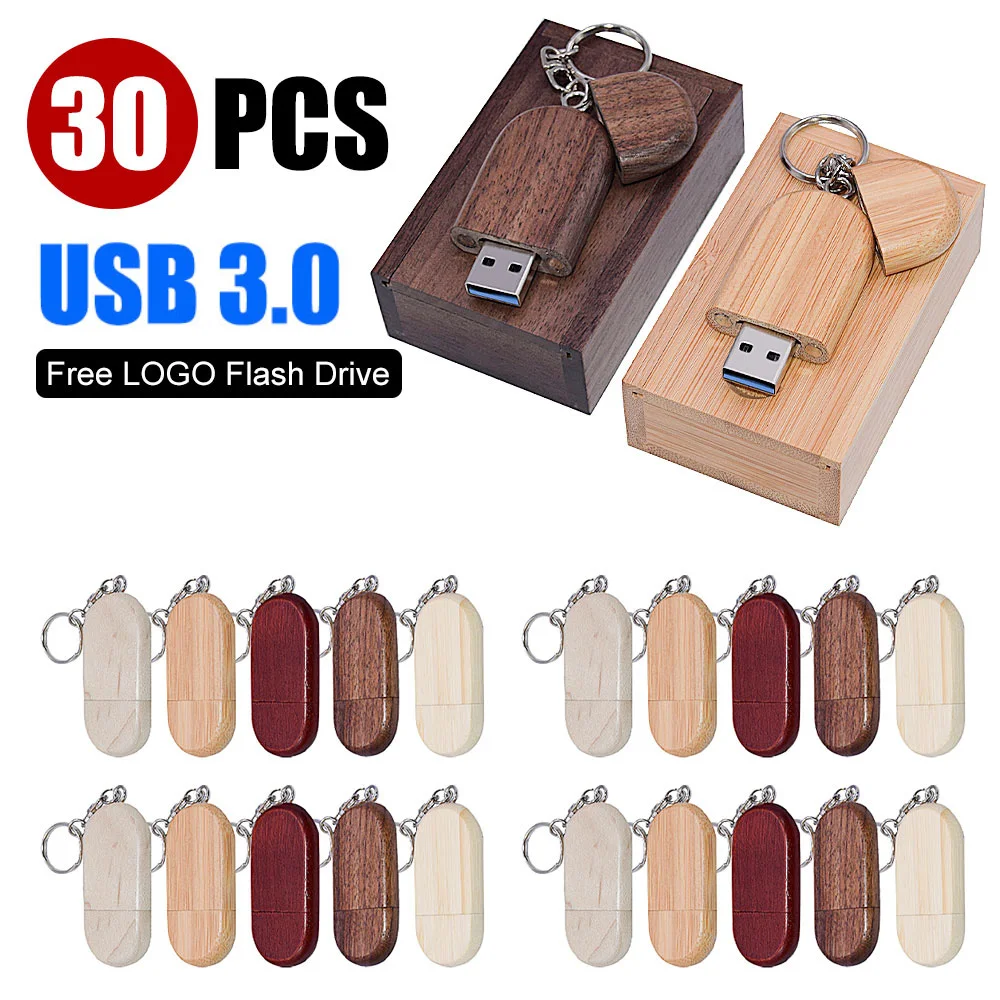 30pcs/lot Free Customer Logo Wooden + BOX Usb Flash Drive 3.0 Pendrive 8/16/32/64/128GB Free key chain Photography Creative Gift