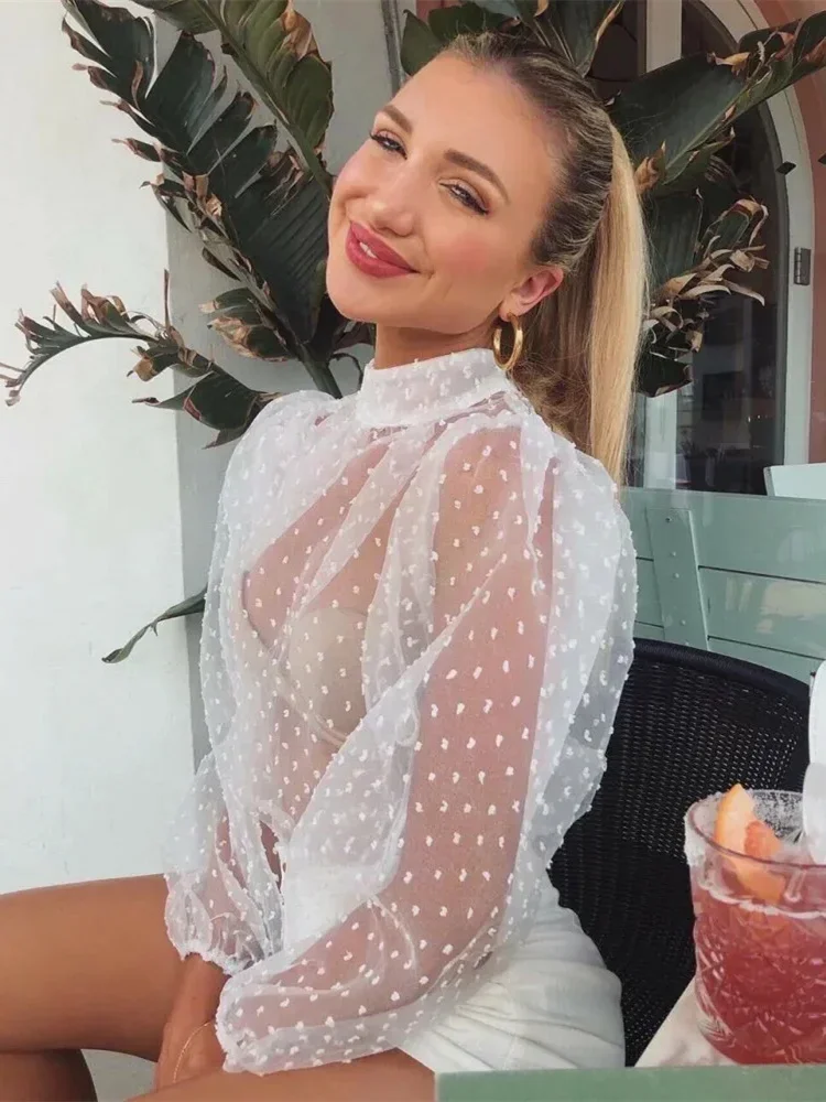 Fashion Women Polka Dot Mesh Blouse Puff Long Sleeve Loose Shirts Sexy Elegant Vintage See Through Cover-ups Tops Summer Fall
