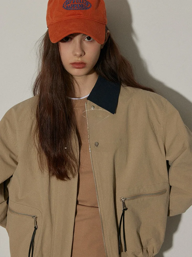 

Retro Color Blo Lapel Oversized Jaet Relez Women's Commute Sle Cotton Long Sve Zipper Closure Spring Season