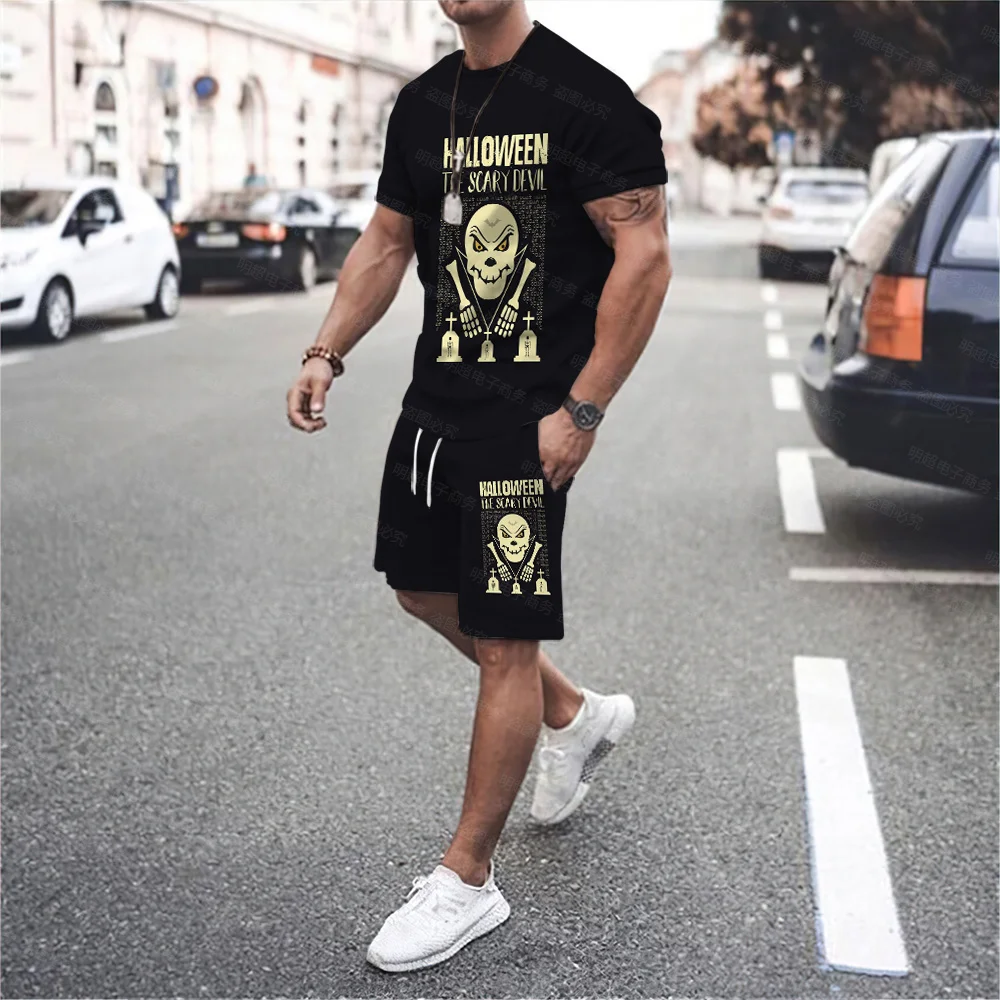 Nieuwe Halloween Tweedelige Mannen Sport Running Ademend T-shirt Casual Wear Party Set Print Pop Kostuum Pompoen Hoofd Zomer