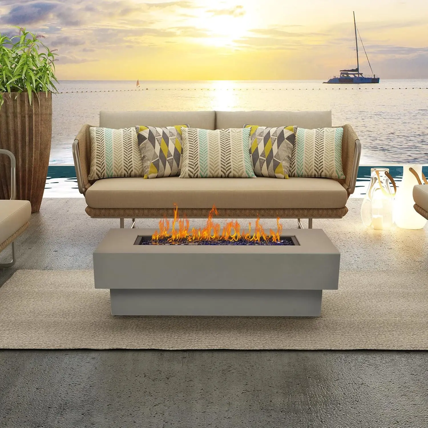 

Outdoor Low Profile Fire Table, 48-inch Rectangle Propane Gas Fire Pit Table, 50,000 BTU Modern Firepit w/Lid, Fire Glass