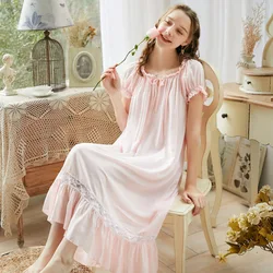 Sweet Lace Cotton Night Dress Women Long Robe Peignoir Vintage Victorian Nightgowns Princess Sleepwear Plus Size Sleeping Dress