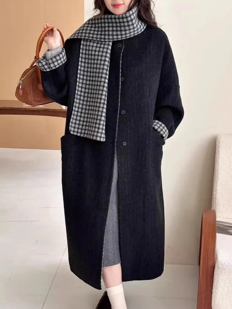 DFDG dubbelzijdige wollen jas voor dames 2025, omkeerbare lange geul met afneembare sjaal, vintage slanke herfst-winterontwerperjas