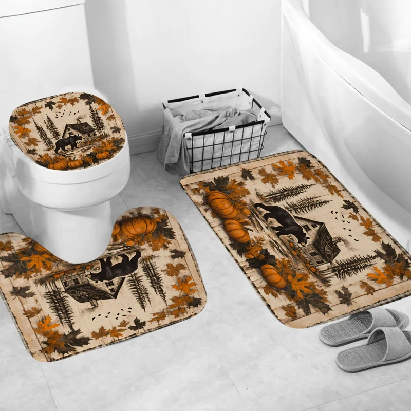 1pc/4pcs Shower Curtain Set, Harvest Season Pumpkin Maple Leaves Forest Bear Cabin Print Pattern, Including Bathr