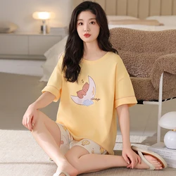 Women Pajamas Sets Soft Homewear Summer Knit Cotton Short Sleeves Shorts Pyjamas Cute Cartoon Sleepwear Female Pijamas Mujer