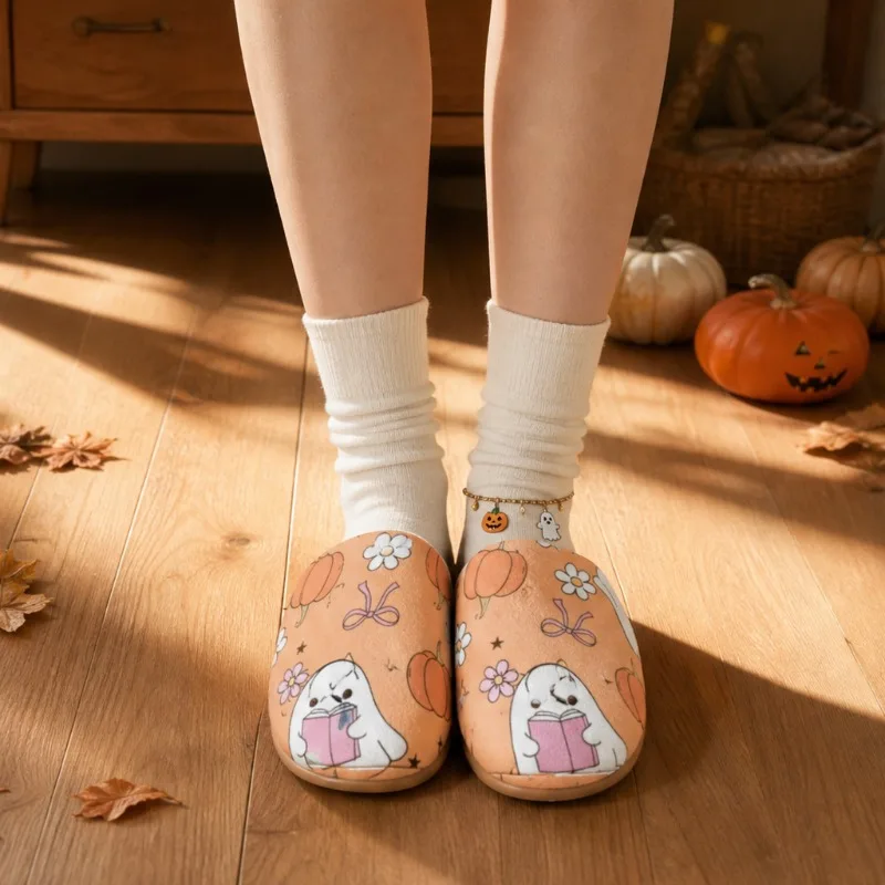Cute Halloween Pumpkin Ghost Graphic House Shoes Autumn Winter Slip on Indoor Shoes Halloween Vibes Flannel Cotton Slippers