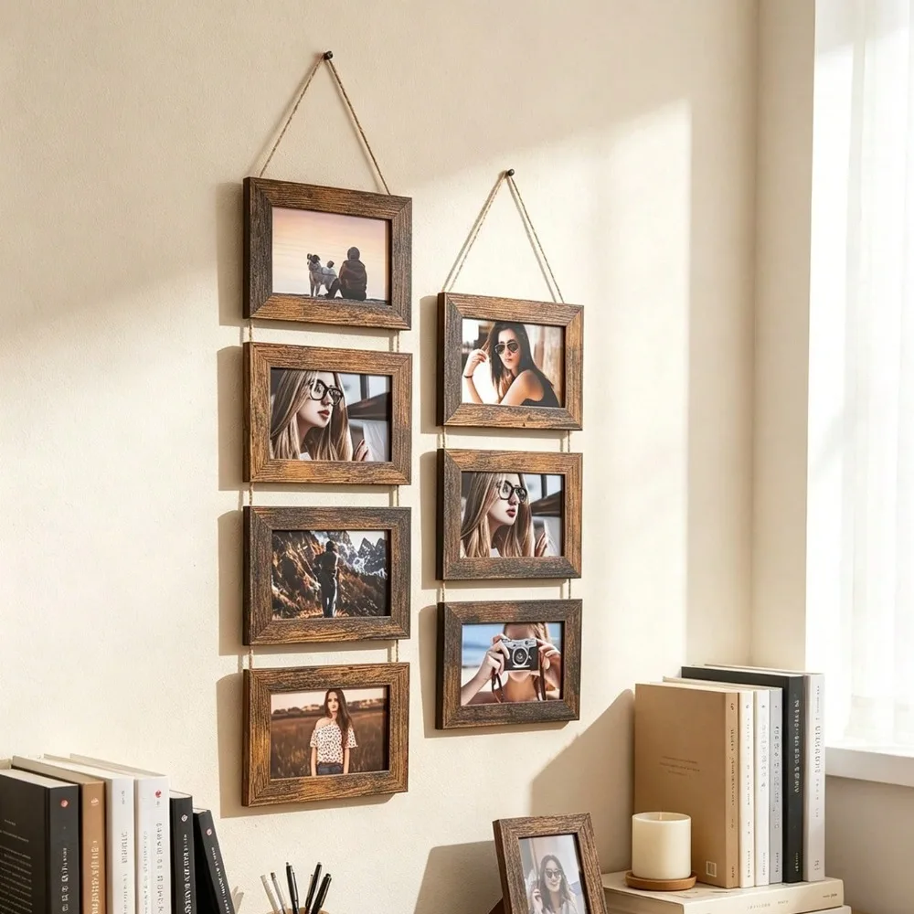 Vintage Wooden Wall Mounted Picture Frame Collage with Hemp Rope Suitable Decorative Wall Art Living Rooms Bedrooms Dormitorie
