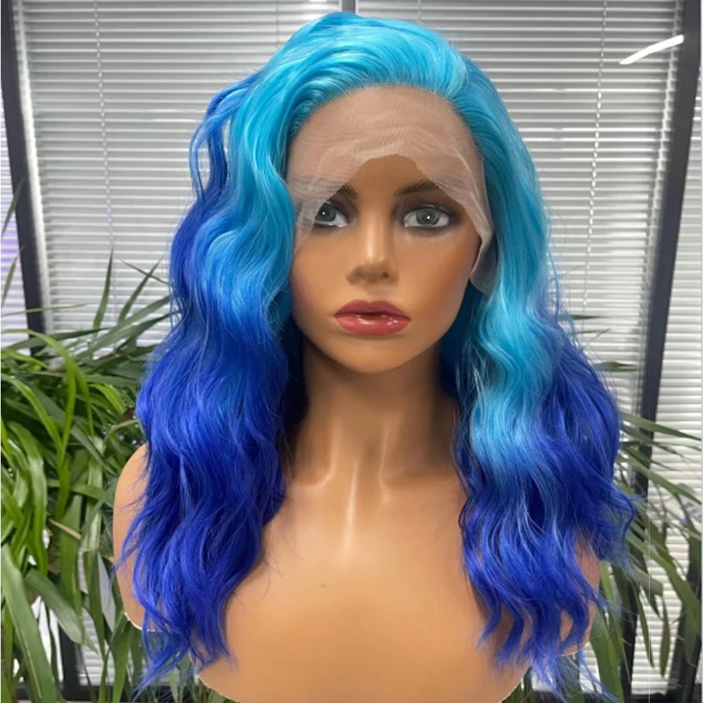 

Synthetic Lace Front Wigs For Women Free-Parting Omber Blue Wavy Fashion Natural Hair High Temperature Fiber Daily/Cosplay