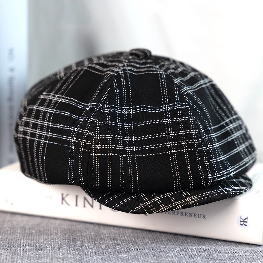 Spring Summer Linen Newsboy Cap New Black Coffee Plaid Breathable Beret Men's Women's Literary Retro Hat England Hats  B-54-55