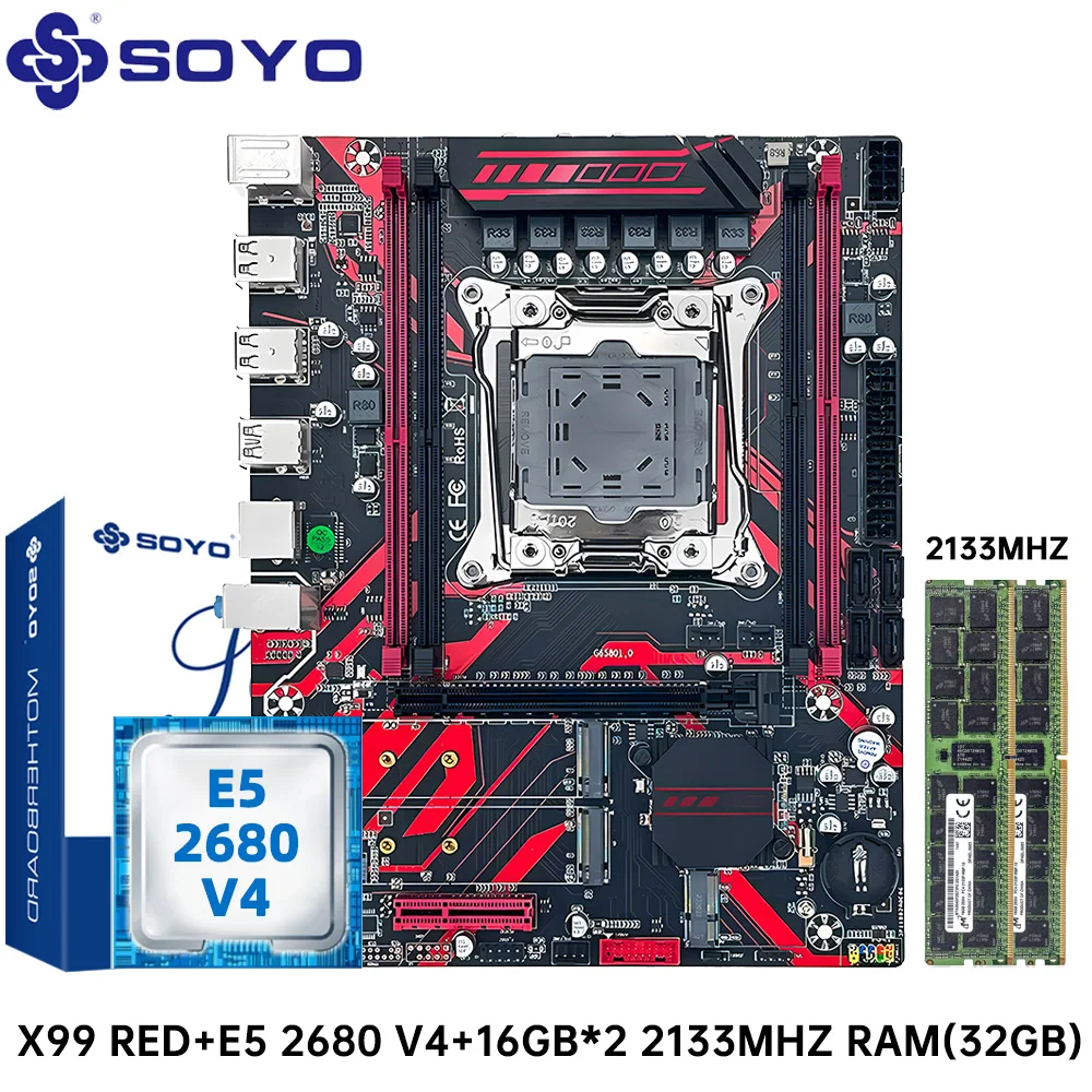 

SOYO X99 красный комплект материнской платы с процессором Xeon LGA2011-3 2680 V4 32 ГБ 2133 МГц DDR4 RAM памяти для игрового компьютера KIT