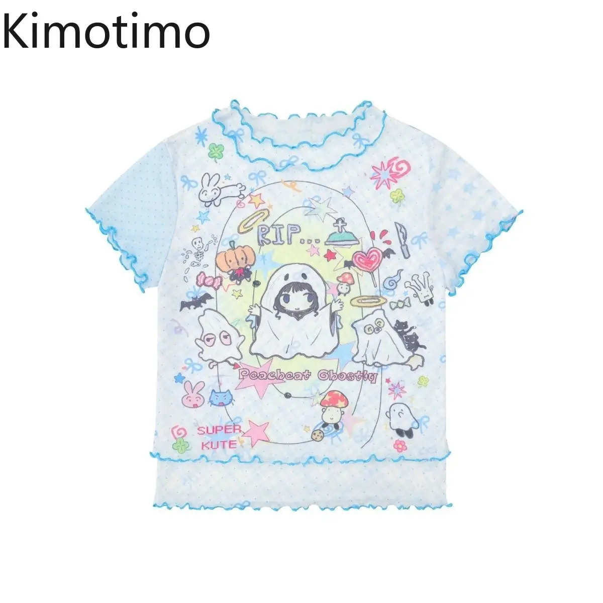 Kimotimo Japanese Y2k Aesthetic Graffiti Cartoon Print Mesh T-shirt Women Sweet Fungus Short Sleeve Slim Tees Harajuku Crop Tops