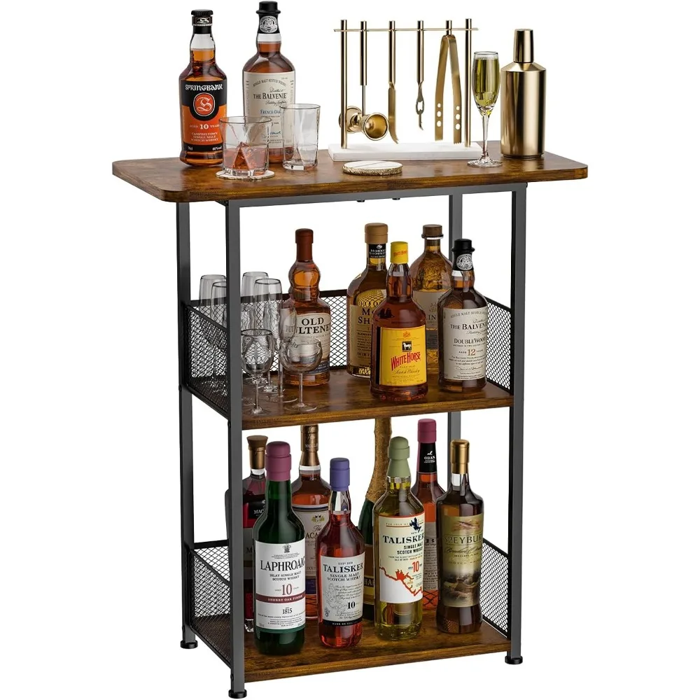 

Floor Standing Freestanding Whiskey Rack: 3 Tier Wine Rack Mini Bar Table Corner Wine Bottle Display Stand Liquor Cabinet Bar, f