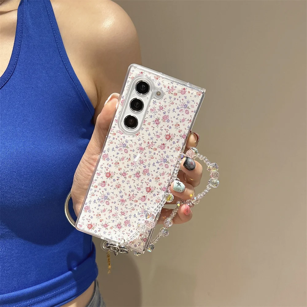 Vintage Fresh Pastel Ditsy Floral Print Phone Case for Samsung Galaxy Z Fold 7 Crystal Bead Strap Cover for Z Flip 7-3