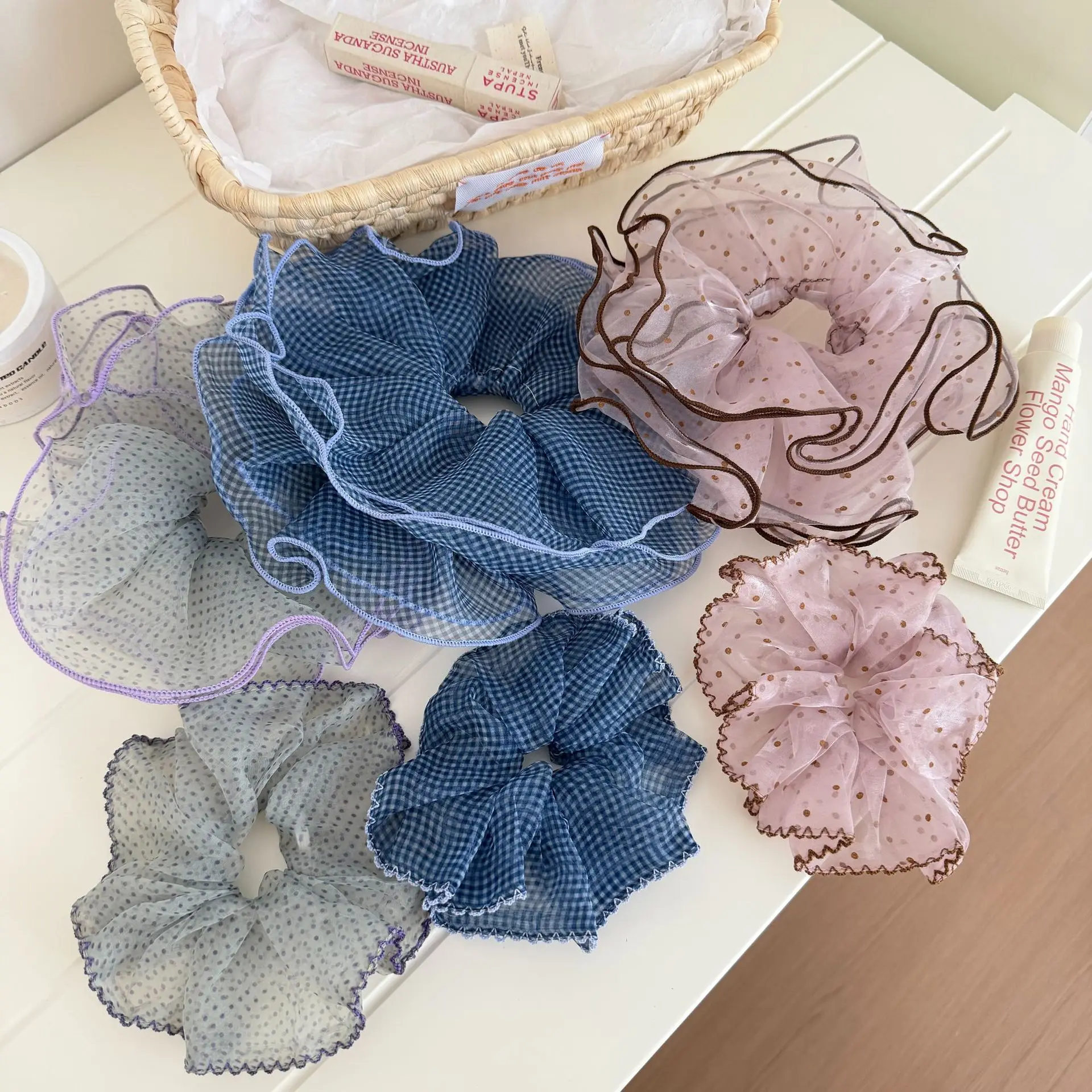 

Scrunchie Tulle Polka Dot Double Layer Ruffled Trim Jumbo Ethereal Hair Band Women Office Daily Premium Comfortable