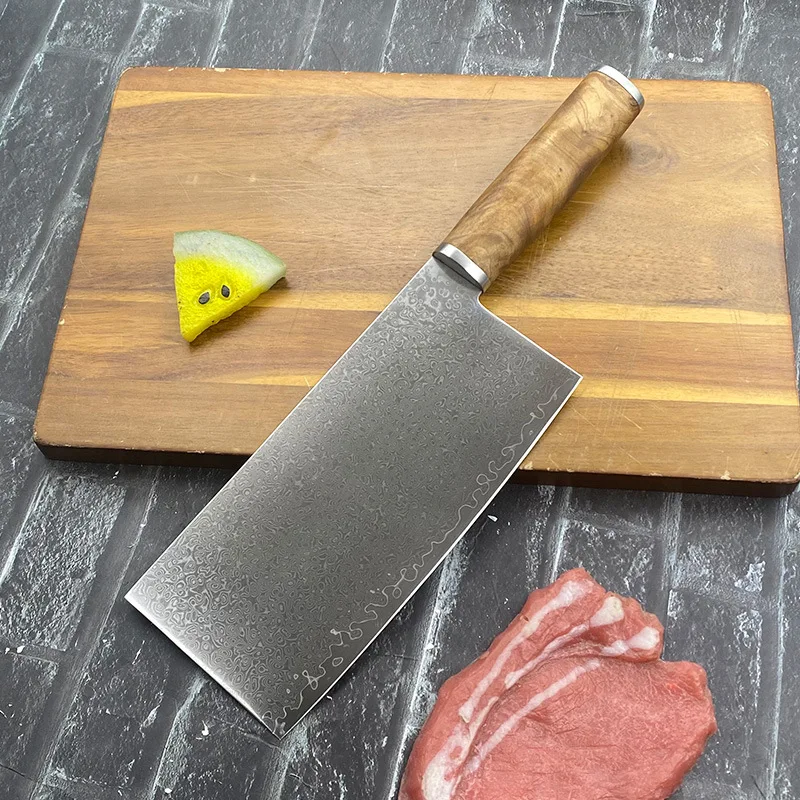RHON Cleaver Knife 7inch Damascus Steel Sharp Edge Chinese Chef Kitchen Meat Slicing Vegetable Cutting Fruit Knives Wood Handle