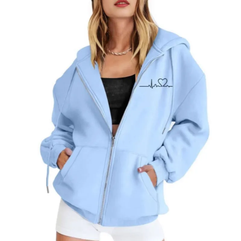 Fashion Gray Zip Up Sweatshirt Women Autumn Winter Jacket Clothes Hoodies Daily Pockets Long Sleeve Solid Versatile Lady Hoodies
