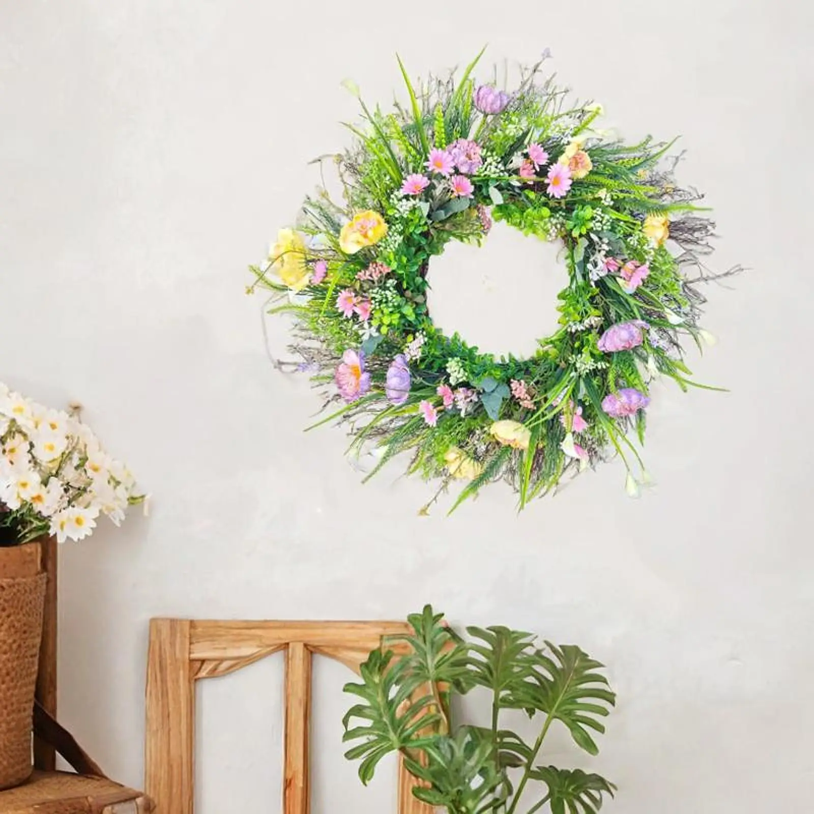 

Wall Hanging Ornament Round Home Decoration Spring Wreath Artificial Flower Wreath for Holiday Celebration Farmhouse Wall Window