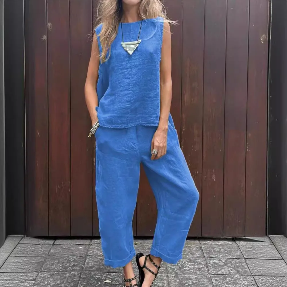 Spring Summer New Solid Color Sleeveless Cotton And Linen Women\'s Suit Simple Fashion Pocket Casual Long Pants Female 2piece Set