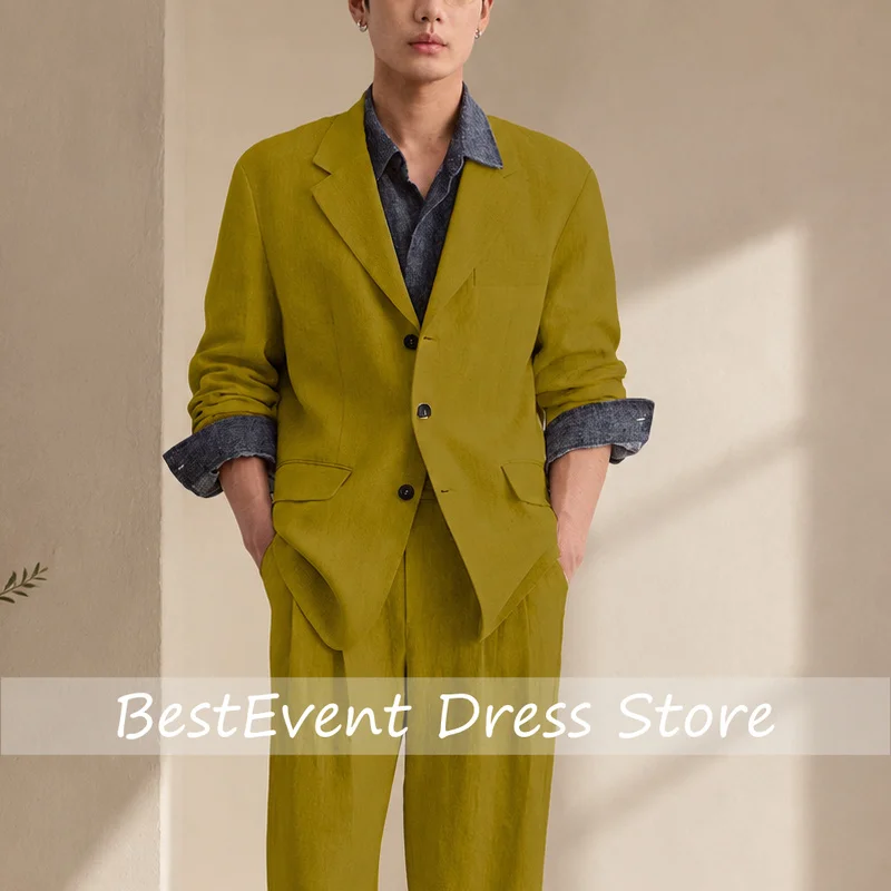 Men's Linen 2 Piece Set Notched Lapel Loose Fit Blazer Trousers Lightweight Breathable Spring Business Daily Wear Customized