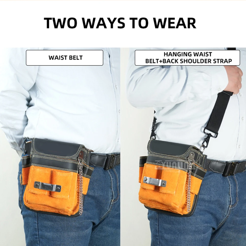 Multi-Pocket Tool Pouch for Men, Cowhide Leather Electrician Waist Bag, Durable Repair Belt with Nail Loops