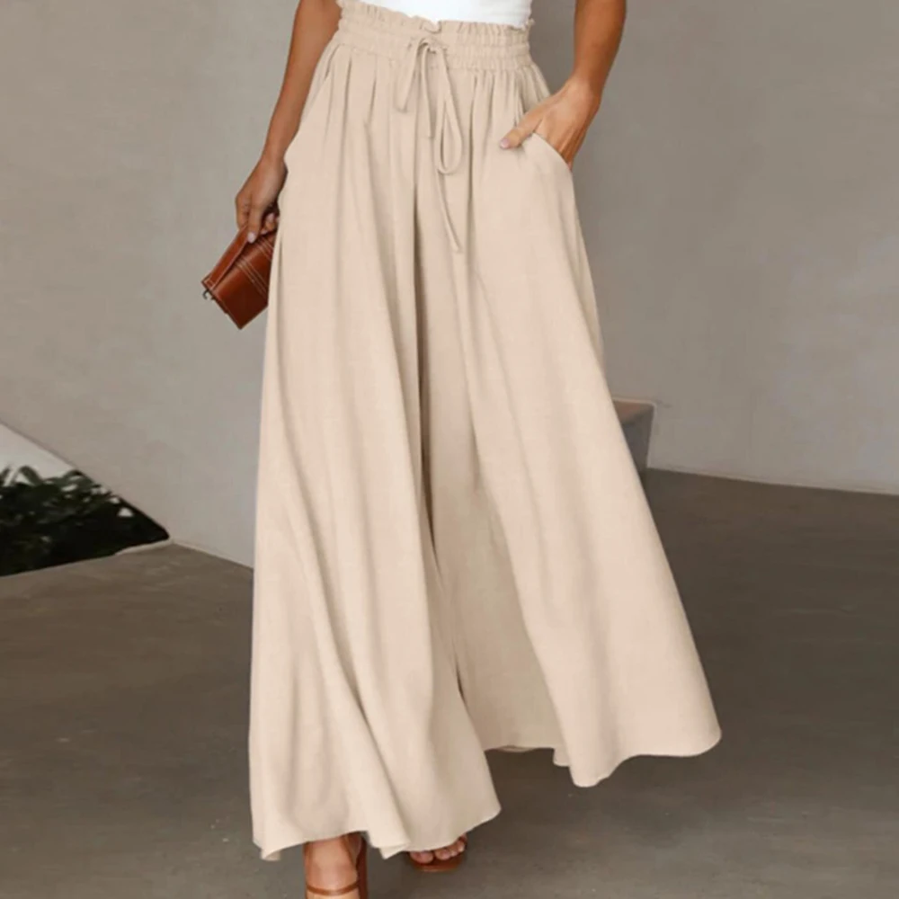 Women Summer Autumn Elegant Solid Chiffon Pants Casual Elastic Waist Wide Leg Pants Loose Straight Trouser Vacation Beach Street