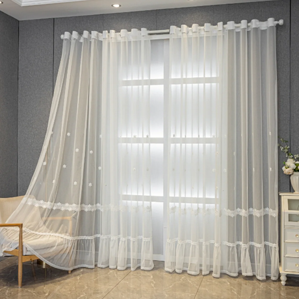 Romantic Simple Beaded Embroidered Sheer Curtain for Living Room Bedroom Dining Study Ready Made