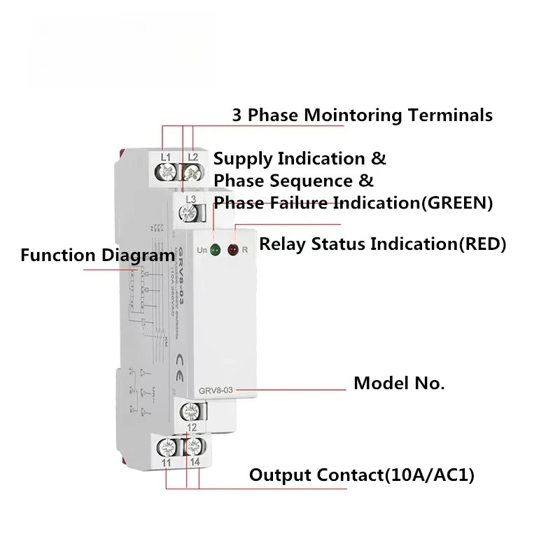 GRV8-03 M265 3P+N Monitoring Voltage Relay 3 Phase 4 Wires Control Relay 10A 220V