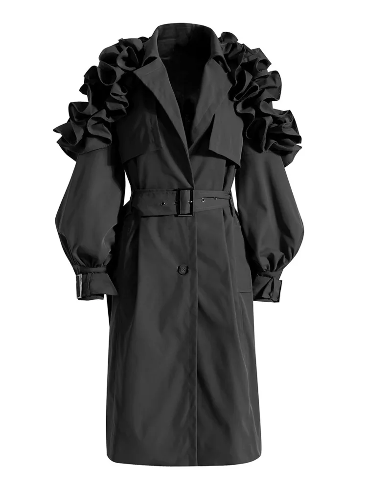 DEAT moda donna Trench risvolto monopetto spalla volant manica lunga cintura giacca a vento autunno 2024 nuovo 17 a2946