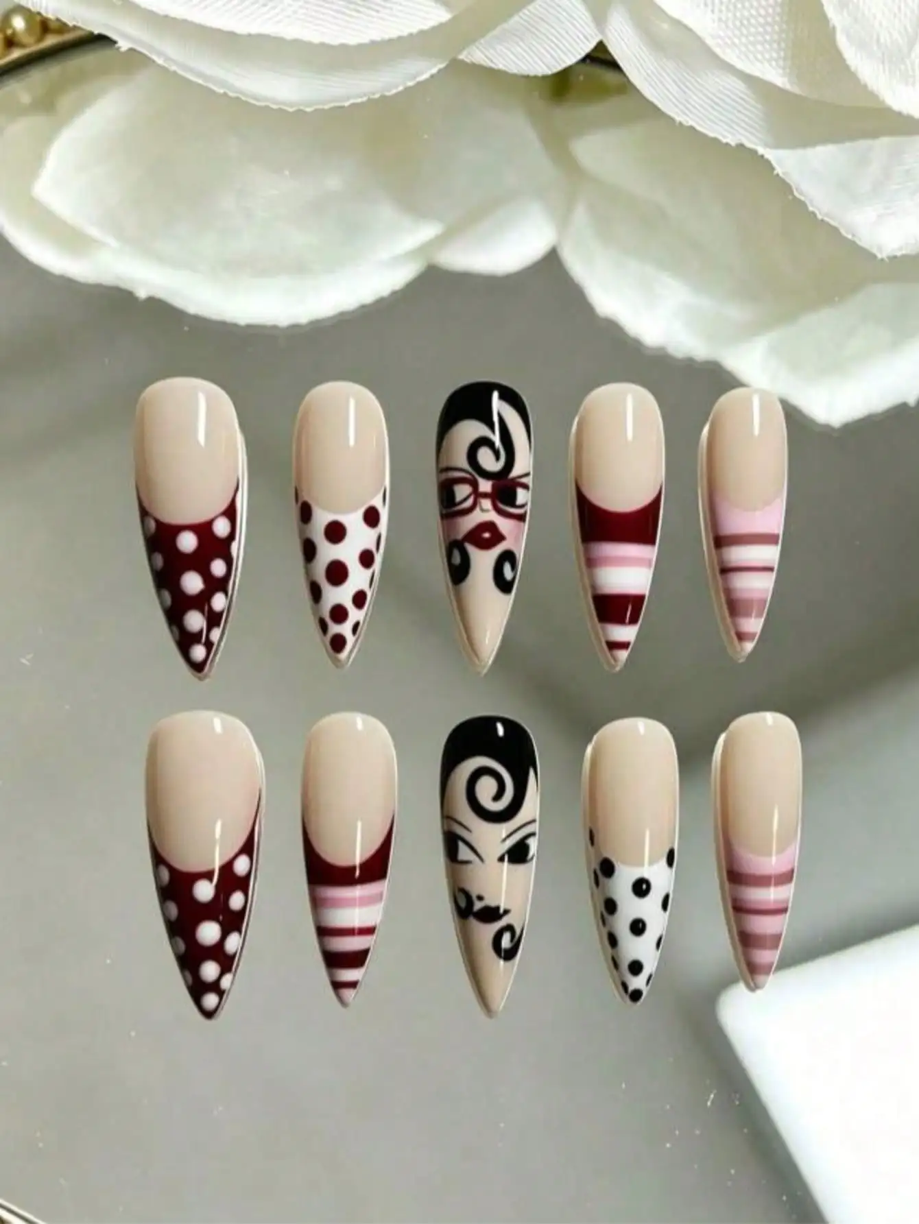 10-Piece Set of Retro Pop Art Cartoon Face Polka Dot Press-On Nails, Burgundy White Polka Dots, White and Pink Horizontal Stripes with French Edges, Retro and Playful, Rich in Layers and Visually Appealing