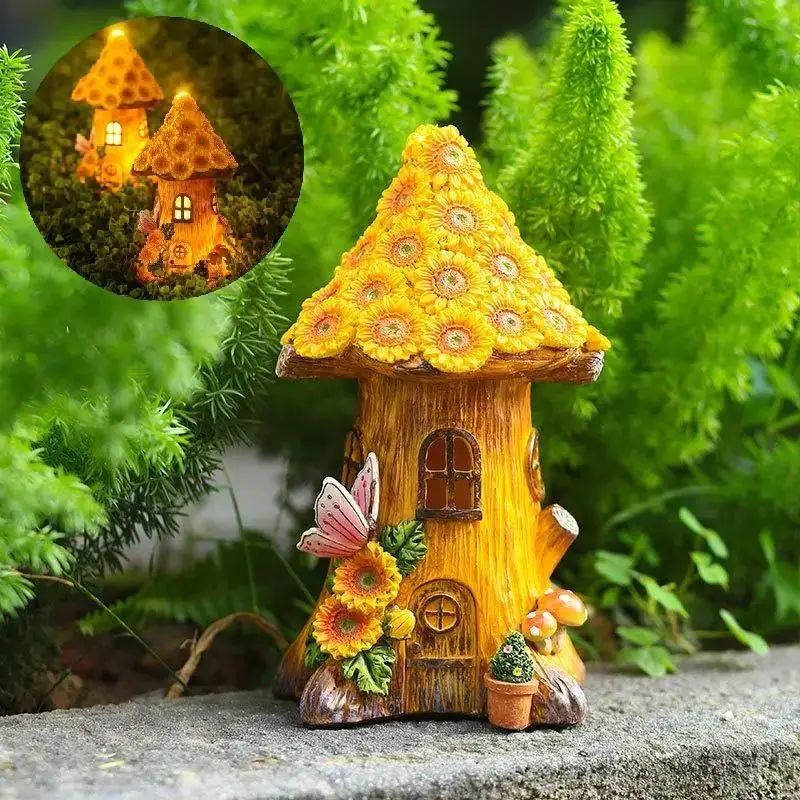 2026 Fuuny Resin Tree House Solar Decorative Lights Small House Ornaments Outdoor Garden Garden Balcony Patio Decor Lawn Lights