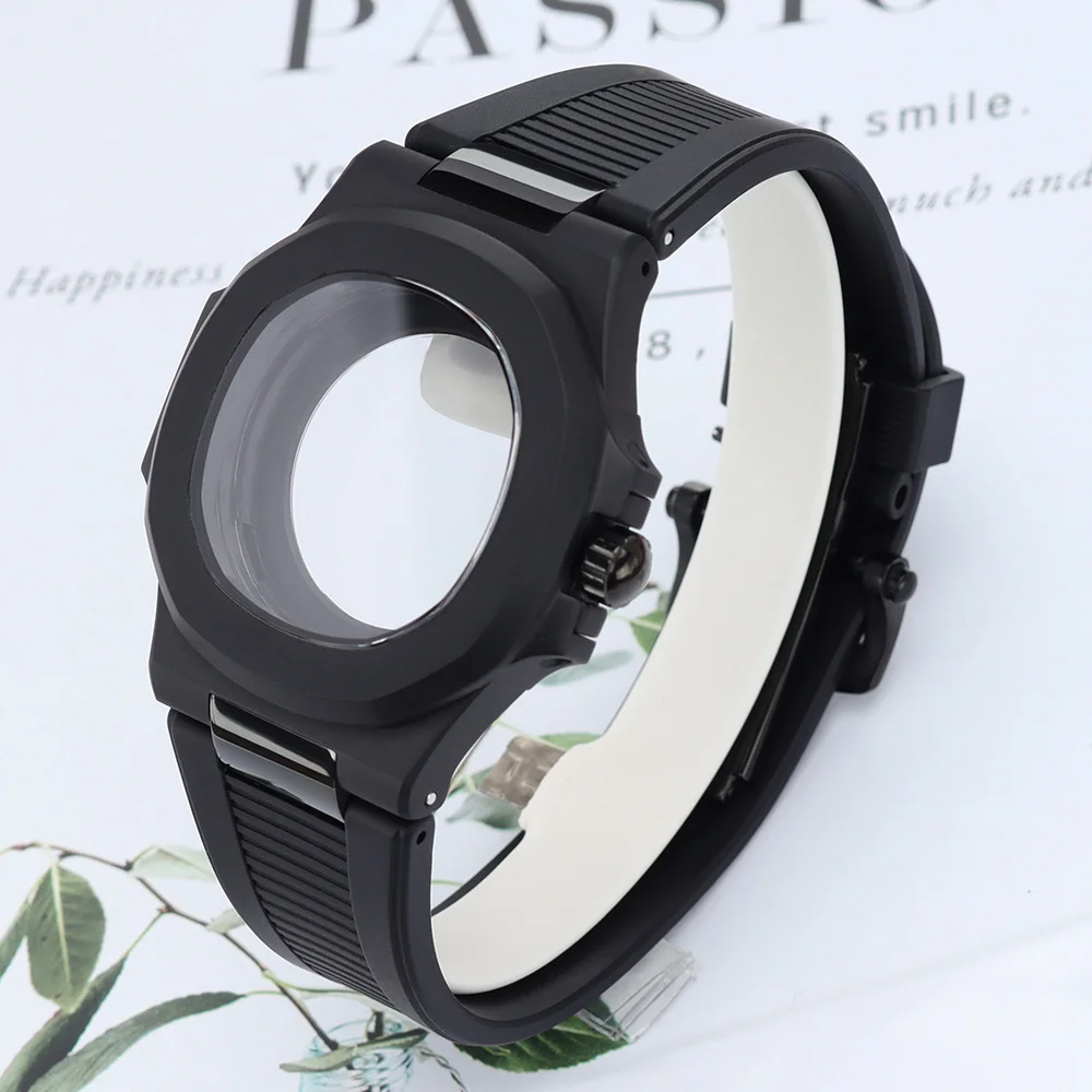 NH35 40mm Matte Black Watch Case Sapphire Crystal Waterproof For Mod Nautilus NH35 NH36 NH38 Movt Square Watch Case Rubber Strap