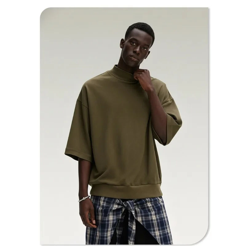 New Spring Men's Mid-sleeved T-shirt American Retro Solid Color Semi-high Neck Loose Pure Cotton Top Fashionable and Comfortable