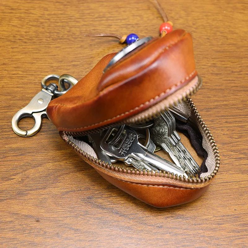 Full Cowhide Key Holder Waist Hanging Genuine Leather Keychain Storage Bag Vintage Style Remote Controller Protective Case