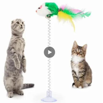 Cat Toy Colorful Suction Cup Spring Feather With Bell Pet Toys Cat Supplies Cat Plush Multicolored Wand Pet Interactive Toys