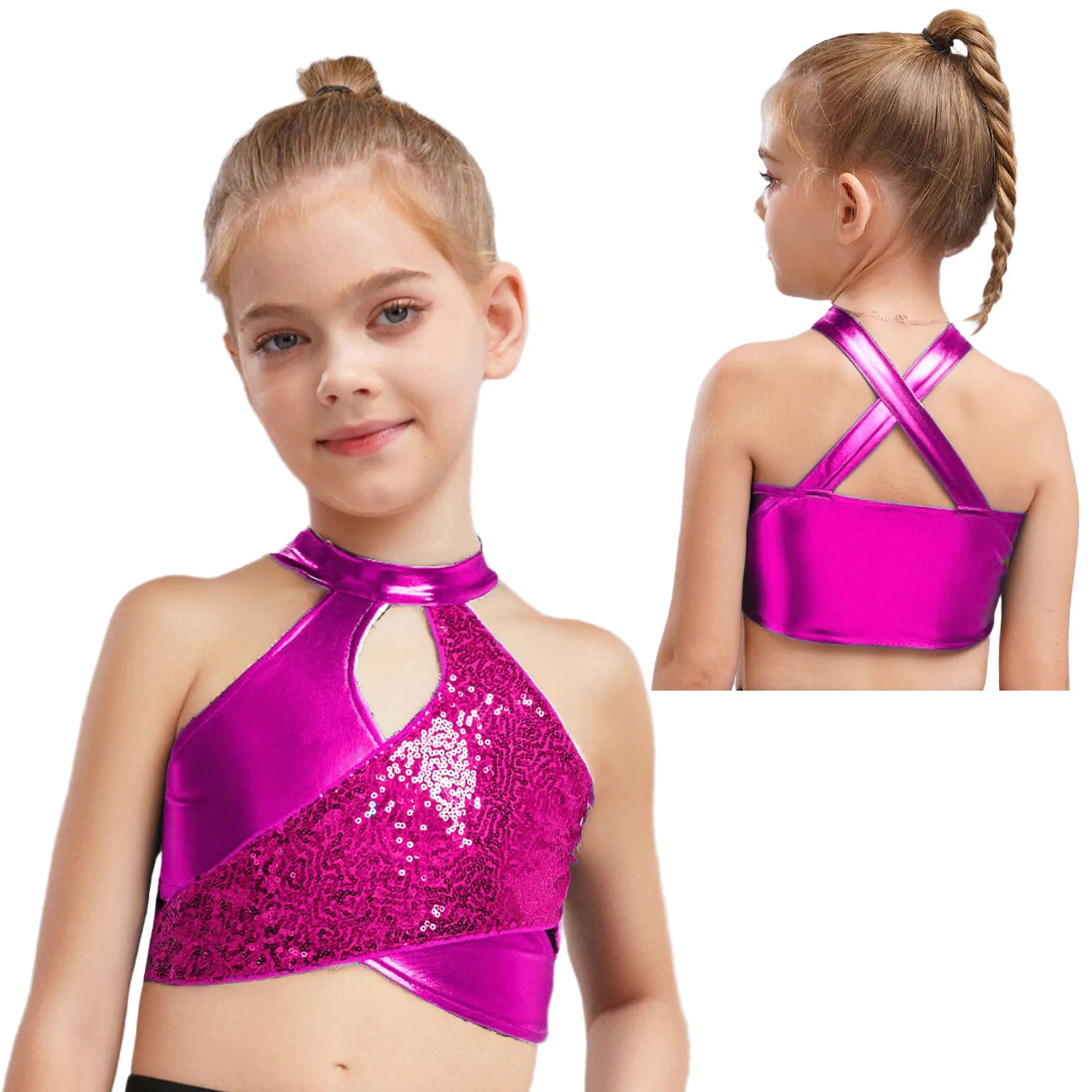 Traje de baile de Jazz con lentejuelas para niñas, traje moderno de actuación de baile callejero de Hip Hop, Top corto metálico + Pantalones cortos, conjuntos de Ropa de baile de 2 piezas