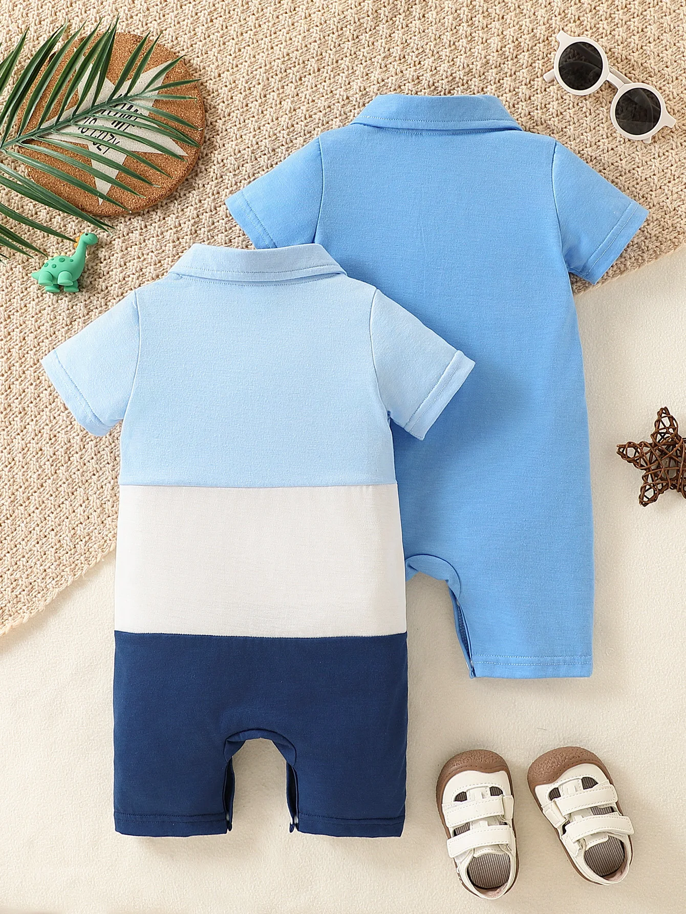 Baby Boy 2-Piece Summer Outfit Set Sports Leisure Collar Letter Printed Patchwork Short Sleeve Jumpsuit