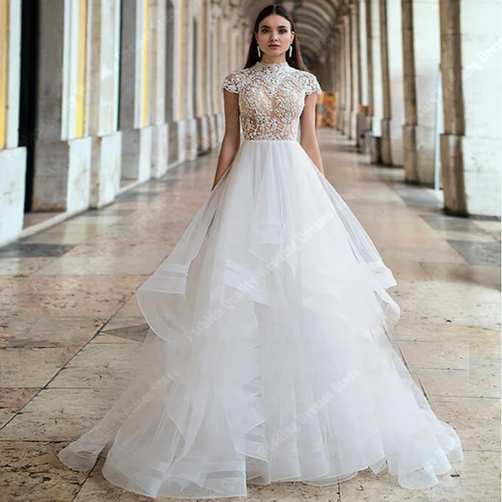 High Collar Tulle Women Wedding Dresses Formal Lace Flower Printing Sleeveless Mopping Length A-Line Vestidos De Novias 2024