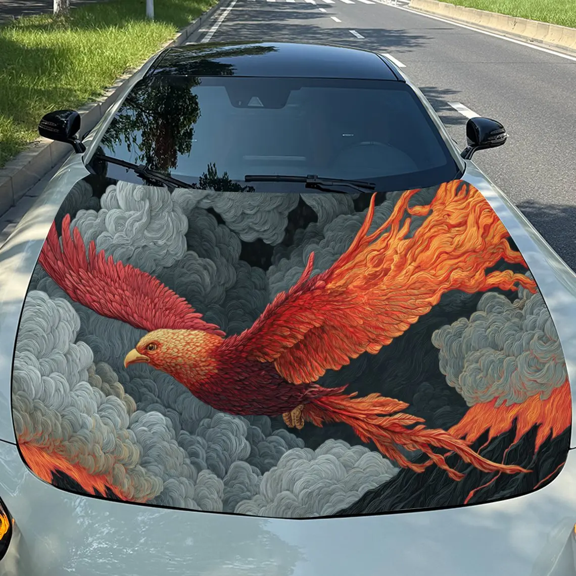 

Phoenix Rebirth Sky Adventure PVC Car Engine Hood Vinyl Wraps, Self-Adhesive Waterproof Car Hood Decal Sticker, Car Decoration P