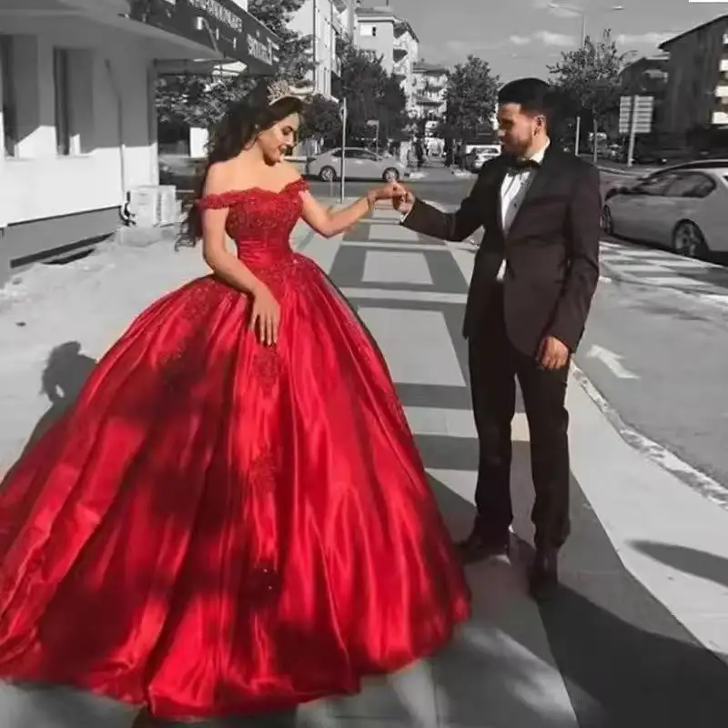 

Арабские вечерние платья по индивидуальному заказу, элегантные красные кружевные аппликации из бисера, бальные платья, платья Quinceanera, вечерние платья с открытыми плечами