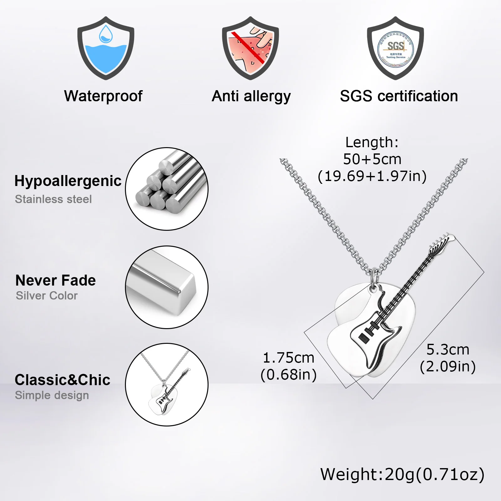 Vnox Guitar Pendant Necklace for Men, 2mm Width Box Chain Punk Necklace, Black Silver Color Stainless Steel Jewelry Gift for Him - Image 4