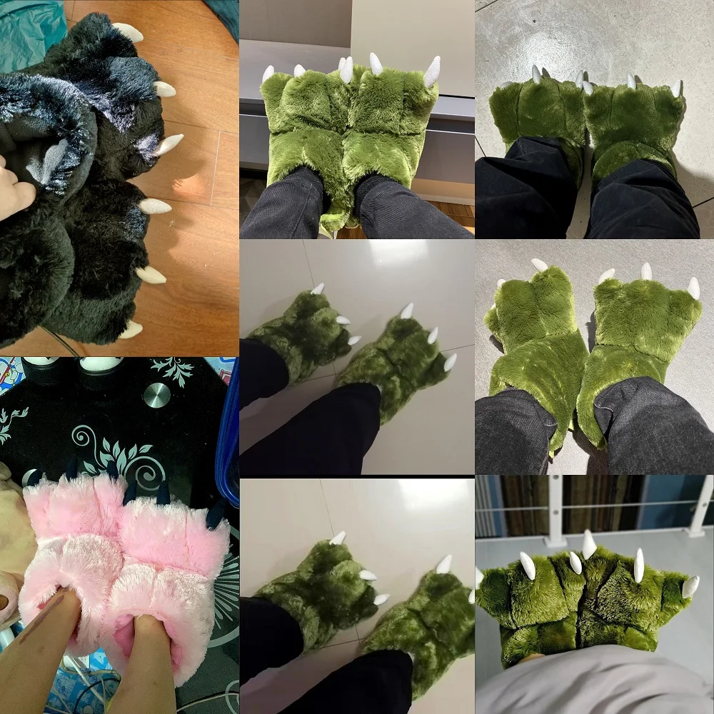 Nowość zielone puszyste kapcie damskie Deisnger zwierzęca łapa futrzane slajdy wysokie góry miękkie ciepłe zwierzęce pantofle domowe Cartoon Cosplay — zdjęcie 7