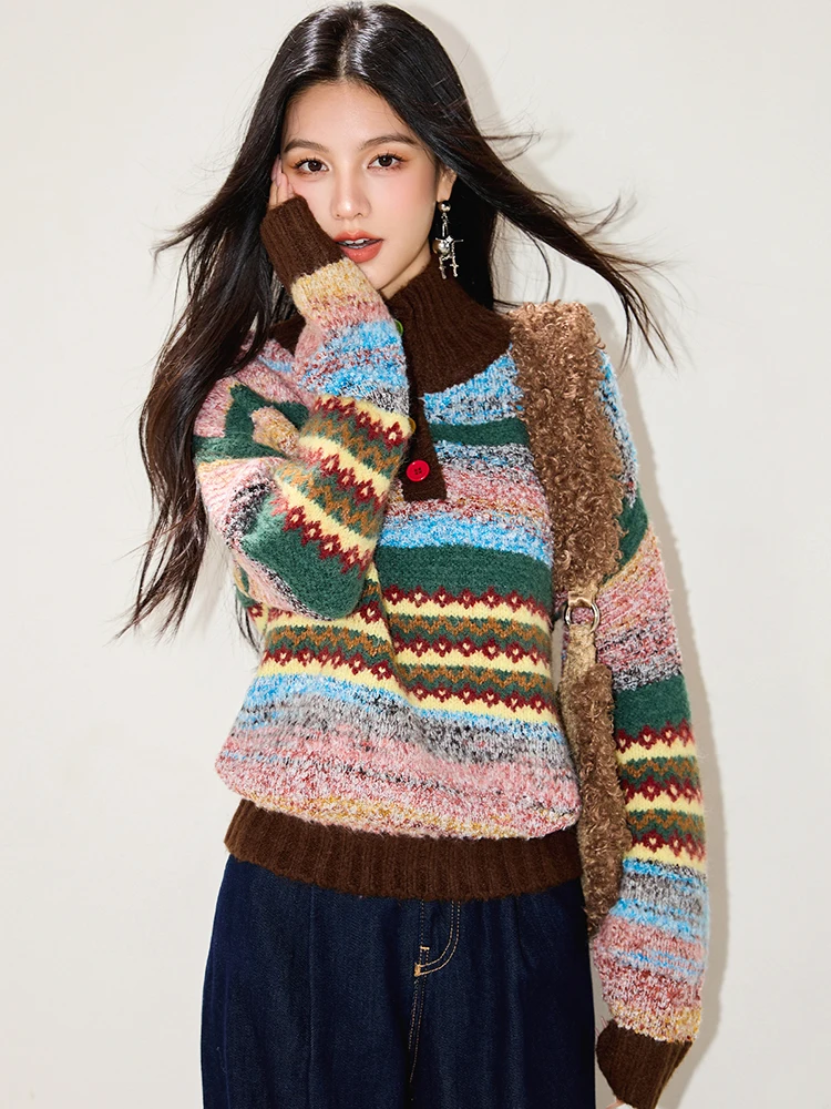 เสื้อสเวตเตอร์ผู้หญิงลายรุ้ง ฤดูใบไม้ร่วง ฤดูหนาว เสื้อไหมพรมคอปกพับติดกระดุม แขนยาว รุ่น SW015