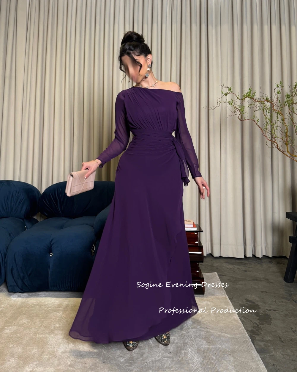 High-quality Chiffon Cocktail Party Dresses Off Shoulder Prom Dress Full Sleeves فساتين سهرات with Belt A-line Платье Вечернее