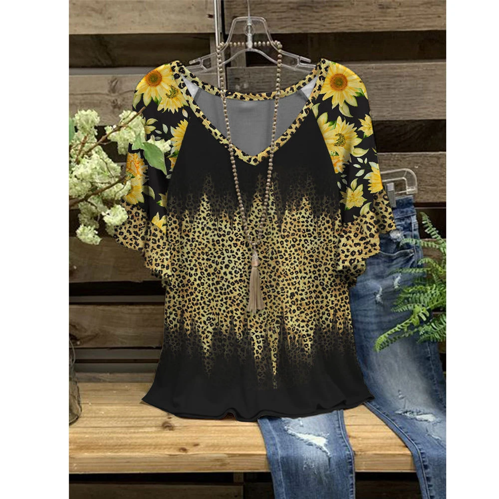 Women Top 3D Floral Leopard Printed T-Shirt Loose Ruffle V-Neck Short Sleeve Casual T-Shirt Summer Streetwear