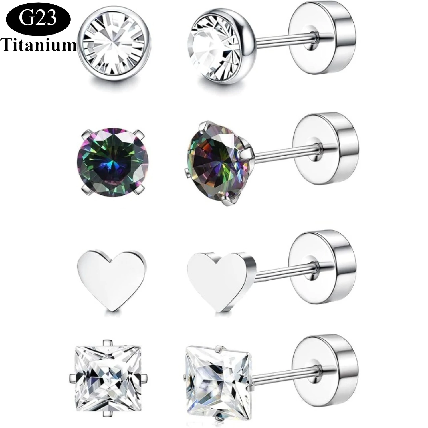 

Drperfect G23 Titanium Earrings for Women Men Flat Back Stud Earrings with Cubic Zirconia Tiny Earrings Set Jewelry Gift 4 Pairs