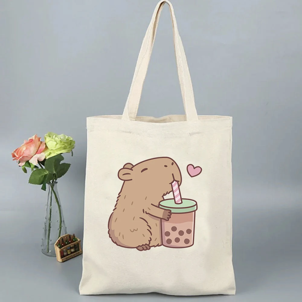 Bonito capivara impressão bolsa de ombro feminina lona sacola grande capacidade sacos de compras adolescente bolsa dos desenhos animados capivara saco de mão